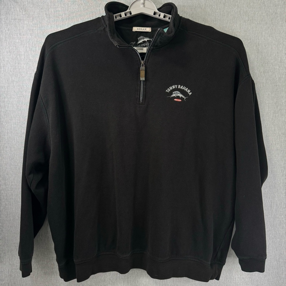 Mens 2XB Tommy Bahama Black Swordfish Relax Logo Long Sleeve 1/4 Zip Sweater